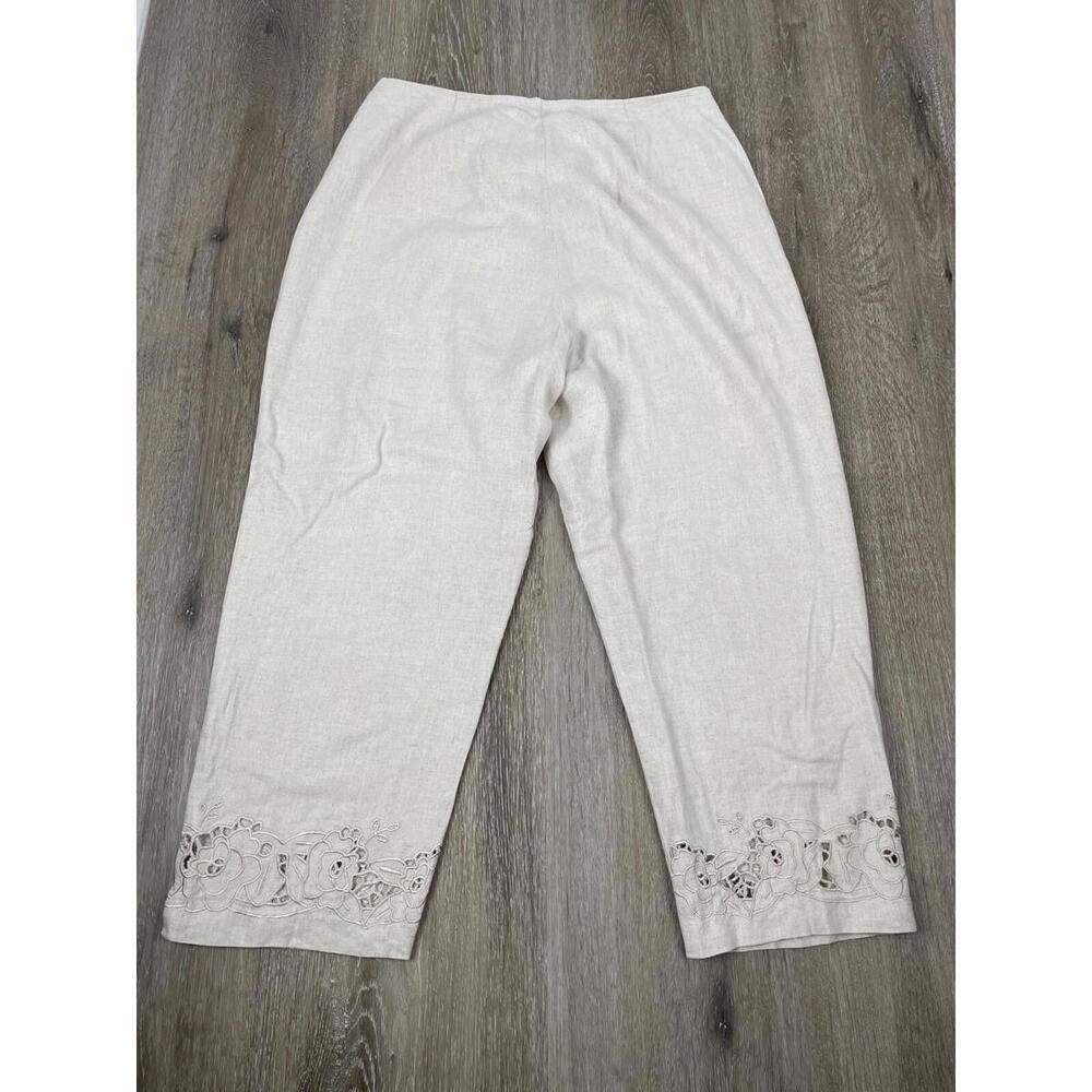 Dressbarn Women’s Linen Blend Pants Size 10 Beige Flowy Embroidered Floral Boho